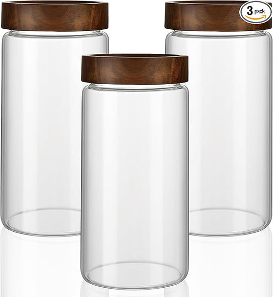 3 Pack 40 oz/1200 ml Clear Glass Storage Canister with Airtight Wooden Screw On Lid, Large Tall Decorative Glass Container Jar Set for Coffee, Nut, Tea, Candy, Cookie, Cereal, Sugar, Flour