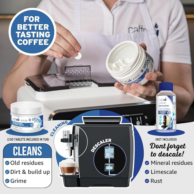Caffenu Espresso Machine Cleaning Tablets 100 Count used every 100 cups. Automatic, Superautomatic & Bean to Cup. Use with Descaling