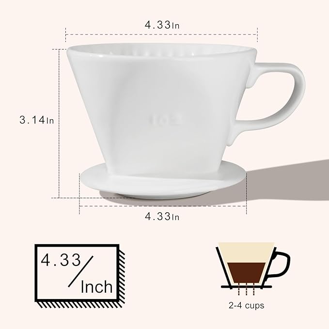 Handmade Pour Over Ceramic Coffee Dripper - Authentic Brewing Experience for Camping, Office, and Home (White)