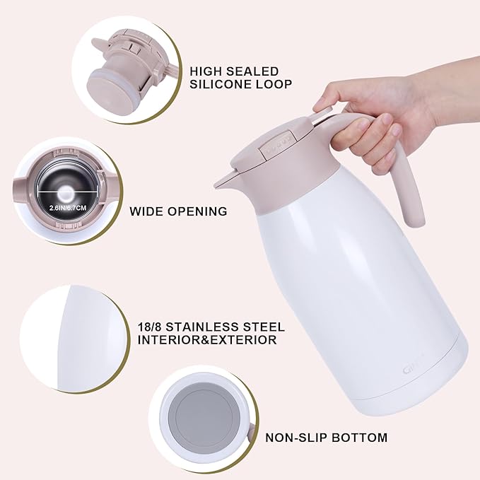 GiNT 1.9L / 64Oz Thermal Coffee Carafe, Insulated Stainless Steel Coffee Carafes for Keeping Hot/Double Walled Vacuum Thermal Carafe (White)