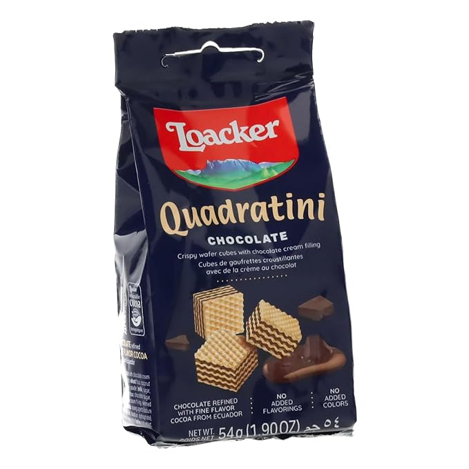 Loacker Quadratini Chocolate Bite-Size Wafer Cookies, Crispy Wafers with 4 Creamy Layers of Chocolate Cream Filling, New On-the-Go Pack, Box of 12