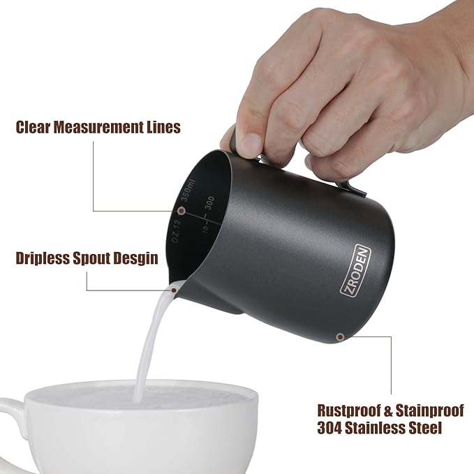 Milk Frothing Pitcher, 12oz Espresso Steaming Pitchers Stainless Steel Cappuccino Coffee Machine Accessories Barista Tools Steam Froth Pitchers Milk Jug Cup with Decorating Pen Latte Art, Matte Black
