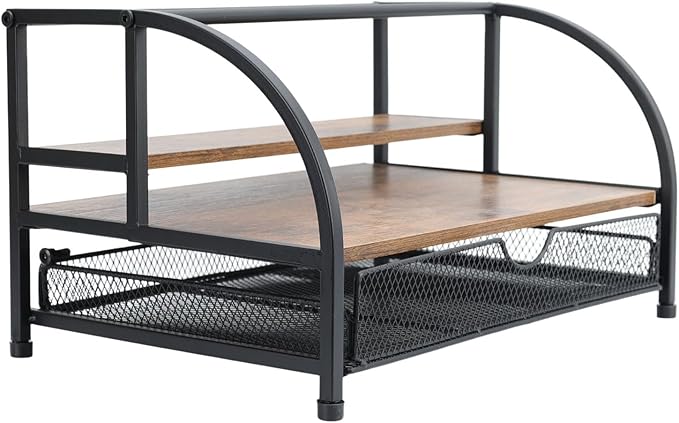 Coffee Syrup Rack Organizer, 3-Tier 8 Bottles Syrup Rack with 35 K Cup Storage Drawer, Wood Coffee Bar Organizer, Countertop Bottle Holder Stand, Liquor Bottle Display Shelf Wine Rack, Syrup Holder