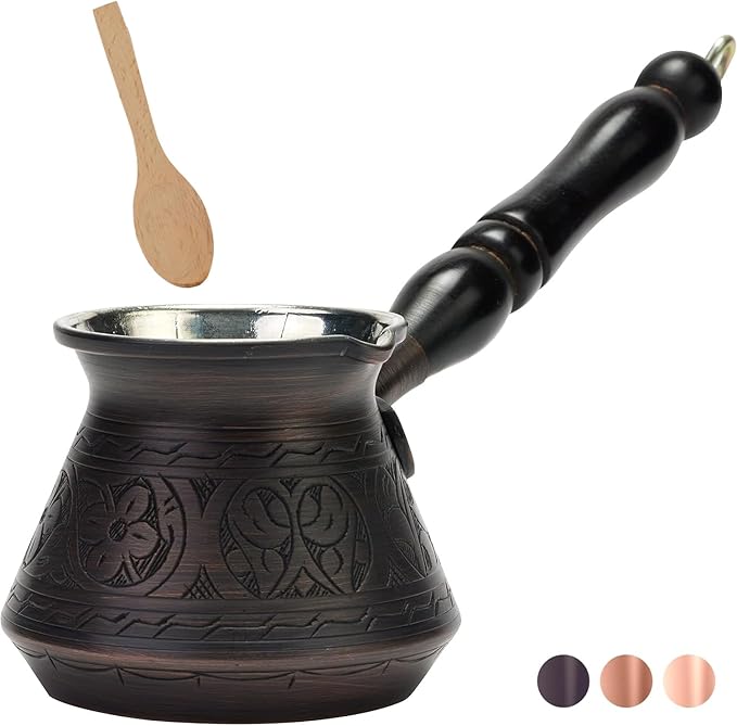 DEMMEX Thickest Copper Turkish Greek Arabic Coffee Pot, Stovetop Coffee Maker, Cezve Ibrik Briki with Wooden Handle & Spoon, Hand Engraved (Antique Copper, 9 Ounces)