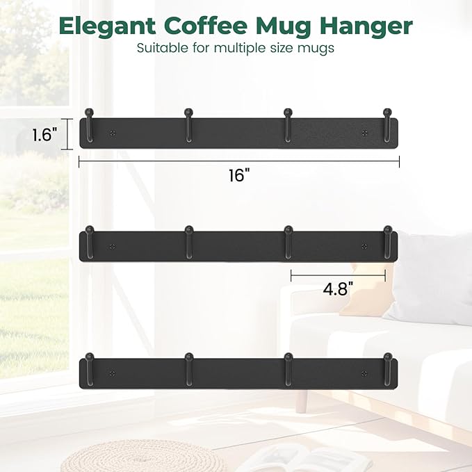 EsLuker.ly Mug Holder Rack Coffee Cup Hanger Wall Mount, Metal Wall Cup Shelf Organizer Stand with 12 Hooks, Fits Most Mugs Display for Home Kitchen, Easy to Install, Set of 3, Black