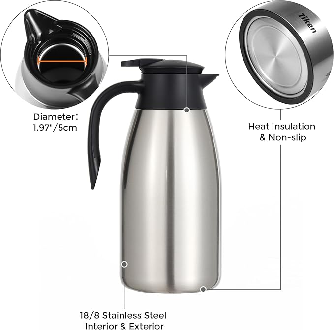Tiken 85 Oz Thermal Coffee Carafe, Stainless Steel Insulated Vacuum Coffee Carafes For Keeping Hot, 2.5 Liter Beverage Dispenser (Silver)