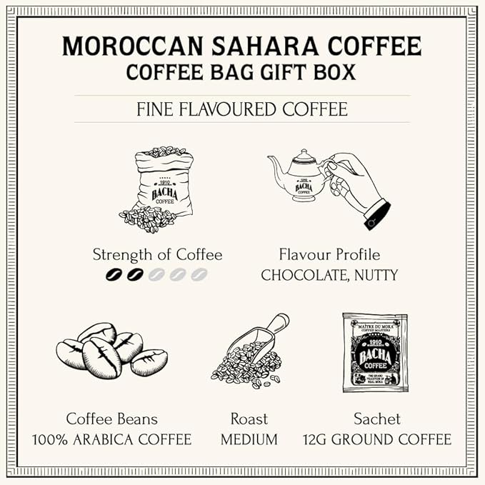 Bacha Coffee | Moroccan Sahara Fine Flavoured, 100% Arabica Specialty Coffee Beans, Medium Roast, x12 Individually Wrapped Single Serve Filter Bags