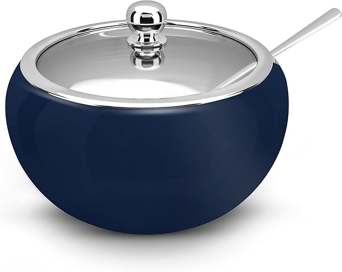 KooK Sugar Bowl, Sugar Bowl with Lid and Spoon, Sugar Container with Lid, for Salt, Coffee, Holds 2 Cups, Dishwasher Safe, Matte Navy, 16 Oz