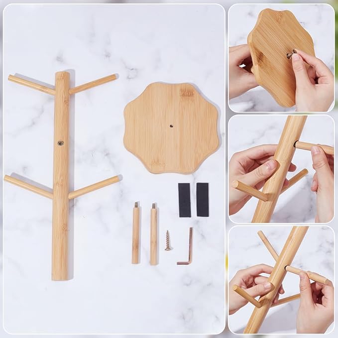 UNICRAFTALE Bamboo Countertop Mug Tree Stand Coffee Cups Holder Bamboo Mugs Racks Under Cabinet 6 Mugs Hooks Under Shelf for Kitchen Coffee Bar Accessories 13.34"x6.88"x7.36"