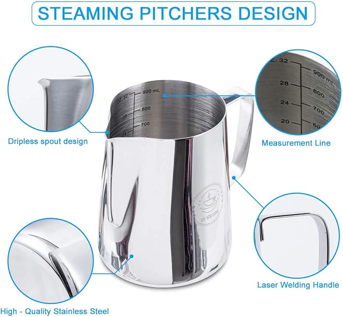 Milk Frothing Pitcher 32oz,Espresso Steaming Pitchers 900ml,Espresso Machine Accessories,Milk Frother Cup 32 Oz,Coffee Cappuccino Latte Art,Stainless Steel Jug