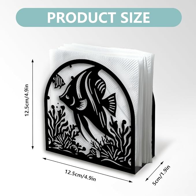 Tropical Fish Decorative Black Metal Napkin Holder for Table, 4.9" x 4.9" x 1.9" Standing Napkin Holder for Home Kitchen Restaurant Picnic Party Coffee Bar Dining Room
