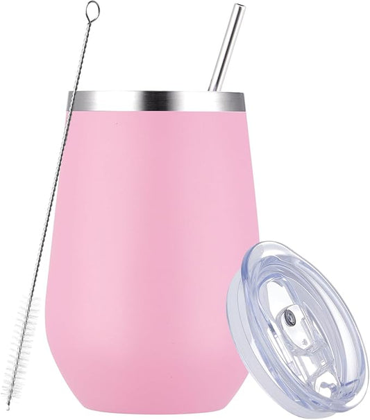 MEWAY 12oz Insulated Wine Tumbler with Press-In Lid, Double Wall Vacuum Stainless Steel Travel Tumbler with Straw,Travel Cup for Coffee and Drinks, Gift for Woman Under 10 dollars(Pink,1)