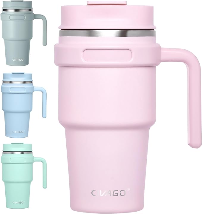 CIVAGO 20 oz Tumbler Mug with Lid and Straw, Insulated Travel Coffee Mug with Handle, Double Wall Stainless Steel Vacuum Coffee Tumbler, Thermal Coffee Cup, Flip lid, Blush