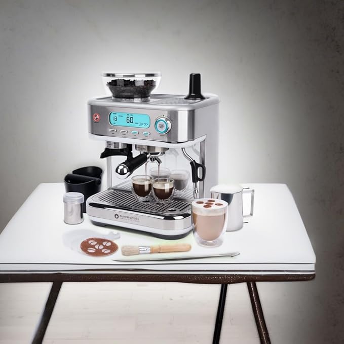 EspressoWorks Barista Pro Series Espresso Machine with Grinder, LCD Display and Steamer - Ready To Go In 60 Sec - 15-Bar Latte and Cappuccino Machine 30-Piece Bundle - Coffee Gifts (Silver)