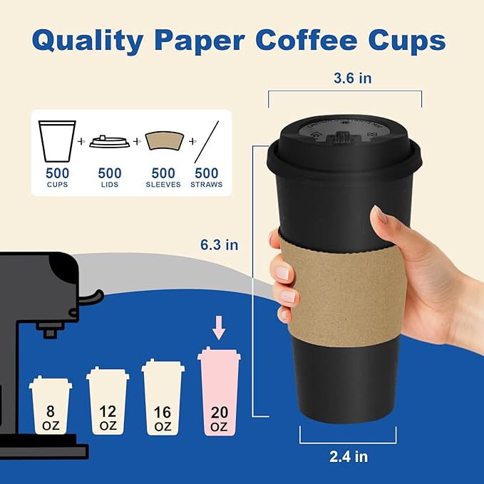 20 oz 500 Pack Coffee Cups with Lids and Sleeves, Straws, Hot Disposable To Go Travel Paper Cups Bulk for Office, Home Coffee Bar Accessories, Chocolate, Cocoa, Beverage (Black)