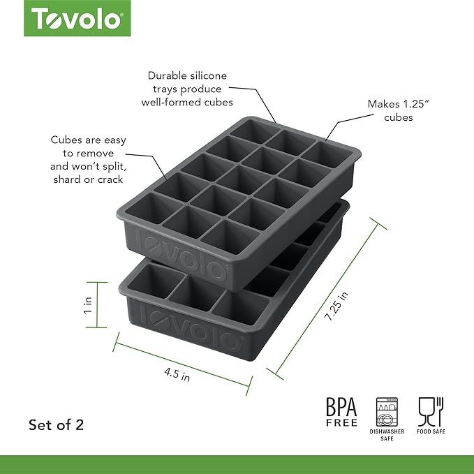 Tovolo Silicone Ice Cube Tray Charcoal Gray Pack of 2 BPA Free Ice Tray Mold for Coffee Drinks Cocktails, Dishwasher Safe Easy Release Perfect 1 Inch Cube Ice Tray for Whiskey Bourbon Spirits