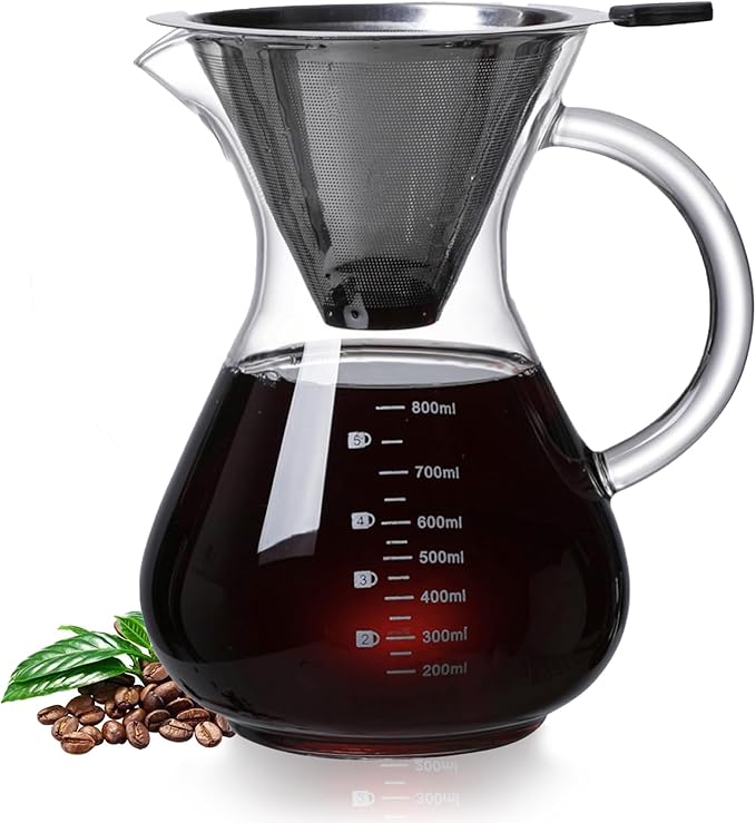 34oz Pour Over Coffee Maker with Stainless Steel Filter, Thickened Heat-Resistant Borosilicate Glass Dripper & Carafe, Stovetop Safe Hand Coffee Brewer with Handle for Home, Office, Camping (34oz)