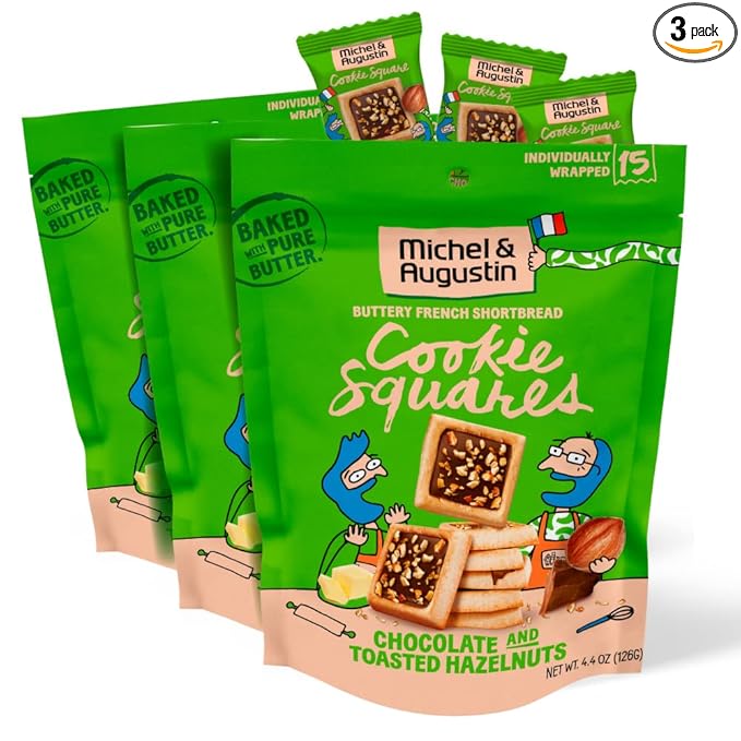 Michel et Augustin Cookies, Individually Wrapped Snacks, 3 Pack, Gourmet Milk Chocolate & Hazelnut Shortbread, 15 French Butter Cookies per bag