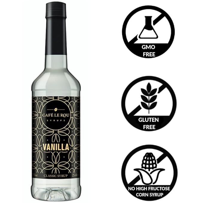 Café Le Rou Vanilla classic syrup bottle with black and gold label, GMO free, gluten free, no high fructose corn syrup icons
