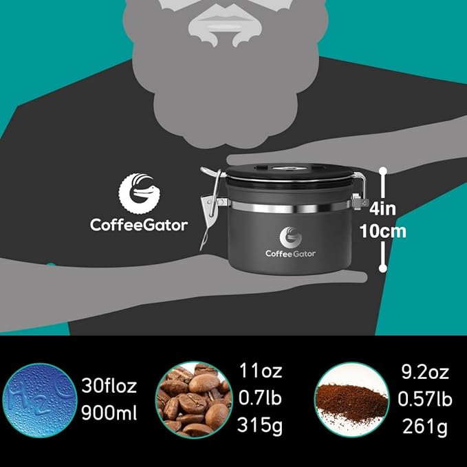 Coffee Gator Coffee Canister, 11oz Airtight Stainless Steel Kitchen Food Storage Container with Date-Tracker, CO2-Release Valve and Scoop for Beans, Grounds, Sugar, Cookies Jars, Tea, Cereal - Gray