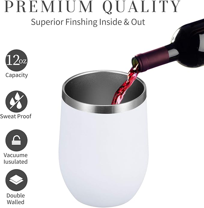 MEWAY 12oz Wine Tumbler 16 Pack Bulk Gifts for Women,Double Wall Vacuum Stainless Steel Travel Mug with Lid,Insulated Stemless Wine Cup Glass for Coffee,Cocktails,Drinks(White,Set of 16)