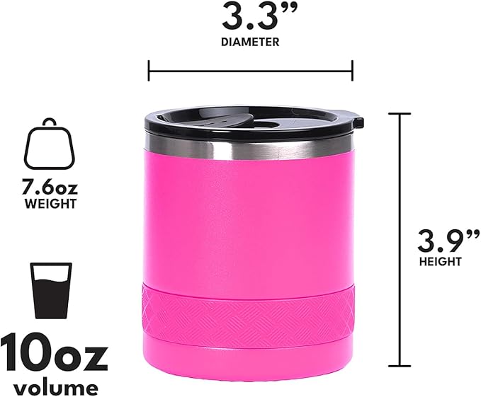 Elemental Recess Lowball Tumbler, 10oz Triple Wall Stainless Steel Cup with Non-Shattered Tritan Lid, Insulated Whiskey Glass, Insulated Coffee Tumbler Mug for Hot & Cold Drinks - Hot Pink