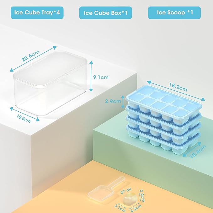 DOQAUS Ice Cube Tray with Lid and Bin - 4 Pack Silicone Ice Cube Trays for Freezer, Stackable Ice Bucket Kits with Storage Container & Scoop for Kitchen, RV, Cocktail, Coffee