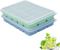 Ice Cube Trays with Silicone Lid, 15 Grid Square Ice Tray Easy Release Stackable Ice Cube Mold, 2 Pack (Grey Blue+Green)