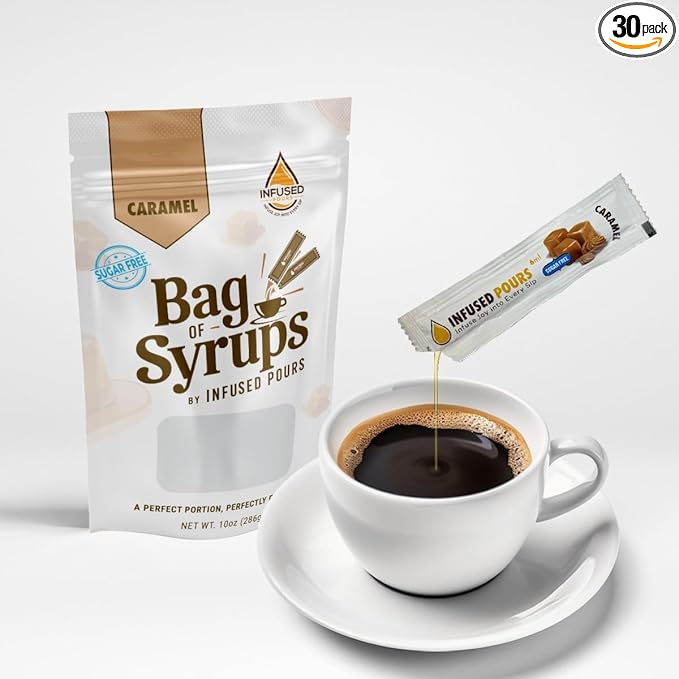 Single Serving Sugar Free Caramel Syrup Packets for Coffee and Cocktails - 6mL Each, 30 Count - Bag of Syrups by Infused Pours (6mL, Sugar Free Caramel)