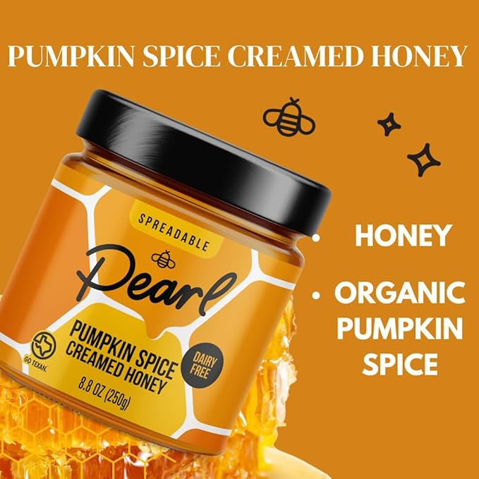 Pearl Honey Spreads - Organic Pumpkin Spice Flavored Creamed Raw Honey - Chemical Free, Dairy Free, Soy Free & 100% Naturally Flavored | 8.8oz Jar