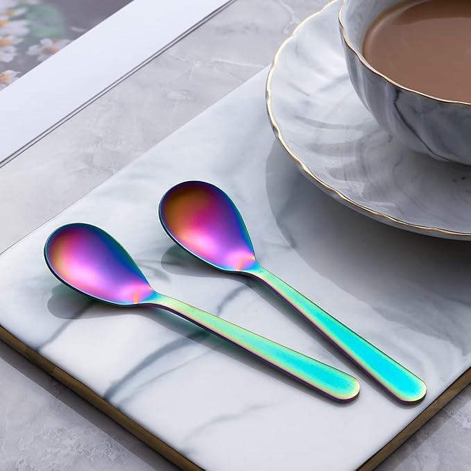 Matte Rainbow Demitasse Espresso Teaspoons, Stainless Steel Satin Finish Coffee Spoons, 4.7-inch, Set of 6