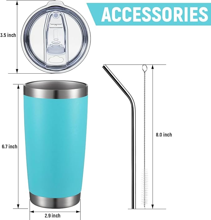 COMOOO 20oz Double Wall Vacuum Insulated Travel Mug, Stainless Steel Tumbler with Lid and Straw Durable Powder Coated Insulated Coffee Cup for Cold & Hot Drinks (Light Blue, 2 pack