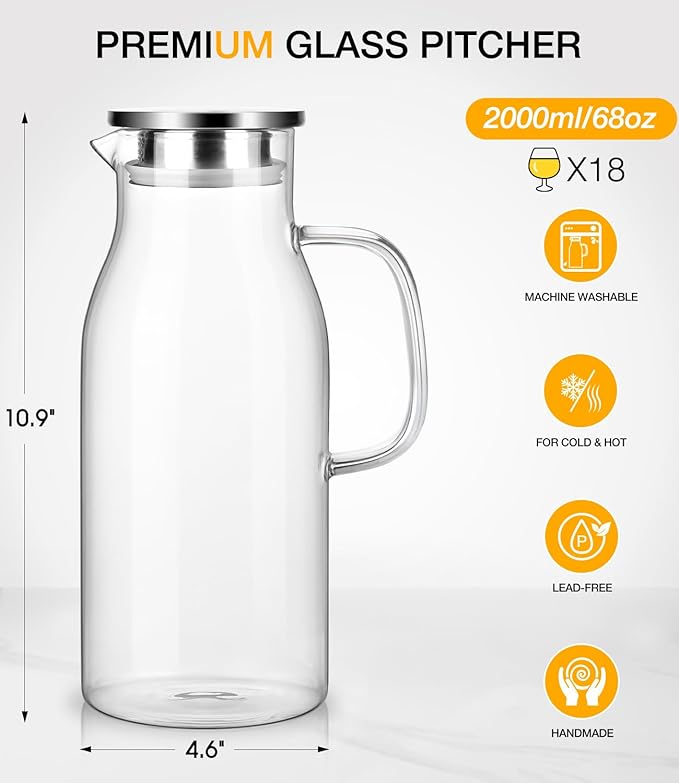 Glass Pitcher with Lid, 2 Liter 68oz Water Pitcher with Handle for Fridge, Large Drink Jug for Iced Tea, Coffee, Juice, Borosilicate Glass Carafe for Hot/Cold Brew Beverage, Heat Resistant