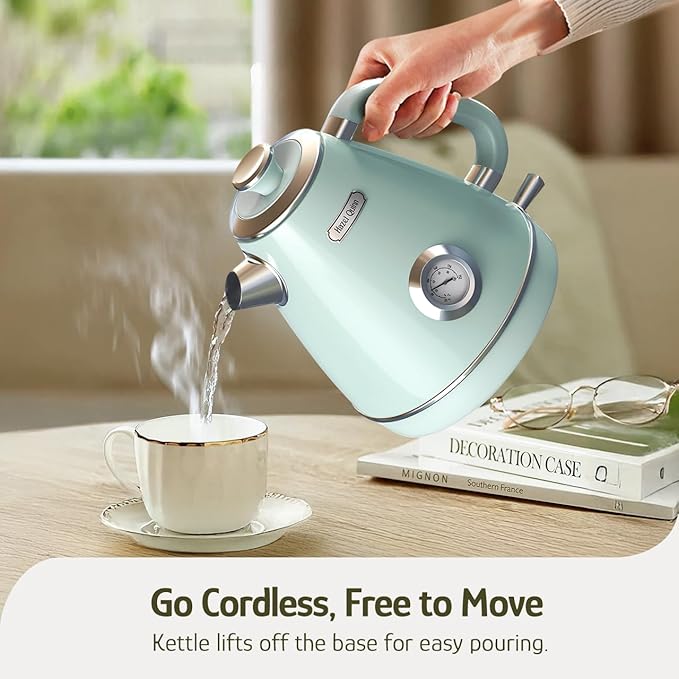Hazel Quinn Retro Electric Kettle - 1.7 Liters / 57.5 Ounces Tea Kettle with Thermometer, All Stainless Steel, 1200 Watts Fast Boiling, BPA-free, Cordless, Automatic Shut Off - Mint Green