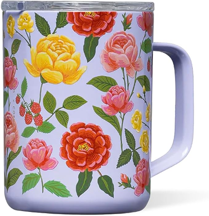 Corkcicle x Rifle Paper Co. Triple Insulated Coffee Mug with Lid and Handle, Roses Purple, 16 oz – Stainless Steel Travel Mug Keeps Beverages Hot for 3+ Hours – Non-Slip, Easy-Grip, Spill-Resistant