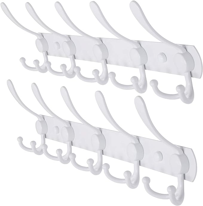 Dseap Wall Mounted Coat Rack - 5 Tri Hooks, Heavy Duty, Stainless Steel, Metal Coat Hook Rail for Coat Hat Towel Purse Robes Mudroom Bathroom Entryway (White, 2 Packs)