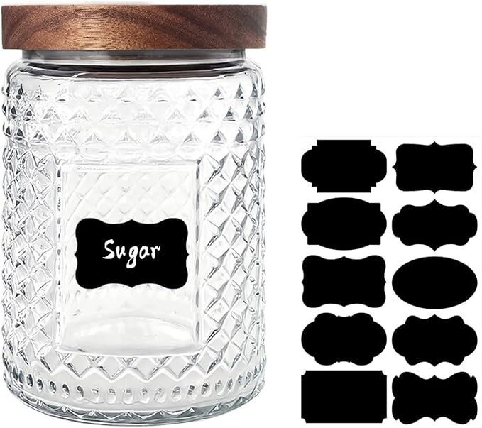 Glass Jar with Wood Lid and Label - 24 OZ Small Kitchen and Pantry Storage Container for Countertop, Airtight Decorative Vintage Canister for Candy, Cookie, Treat, Sugar, Coffee, Tea