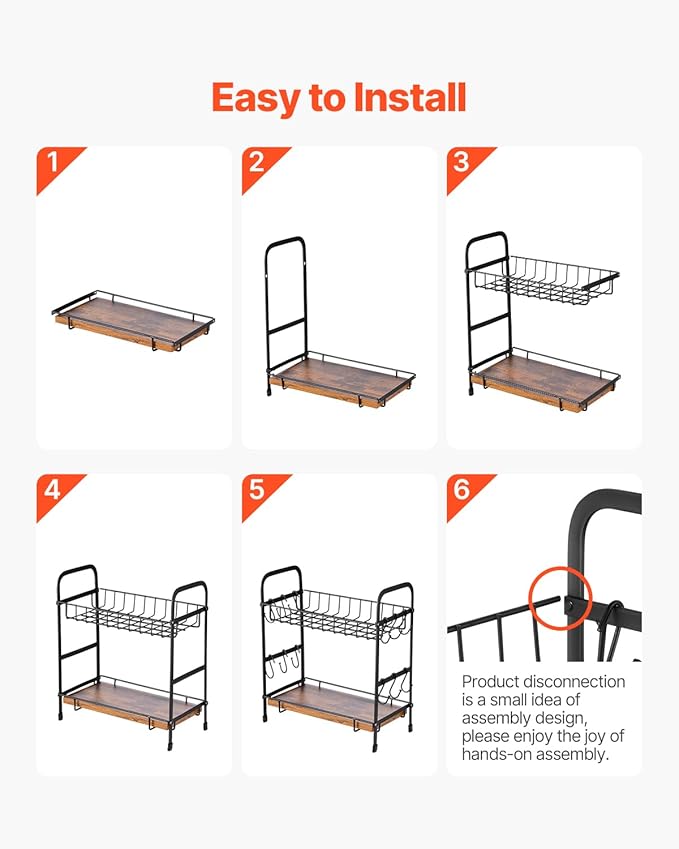 VEVOR 2 Tier Coffee Bar Organizer for Countertop, Multifunctional Mug Holder and Coffee Station, 12 Movable Hooks and 2 Shelves for Coffee Accessories Storage and Display, Home Office (Matte Black)