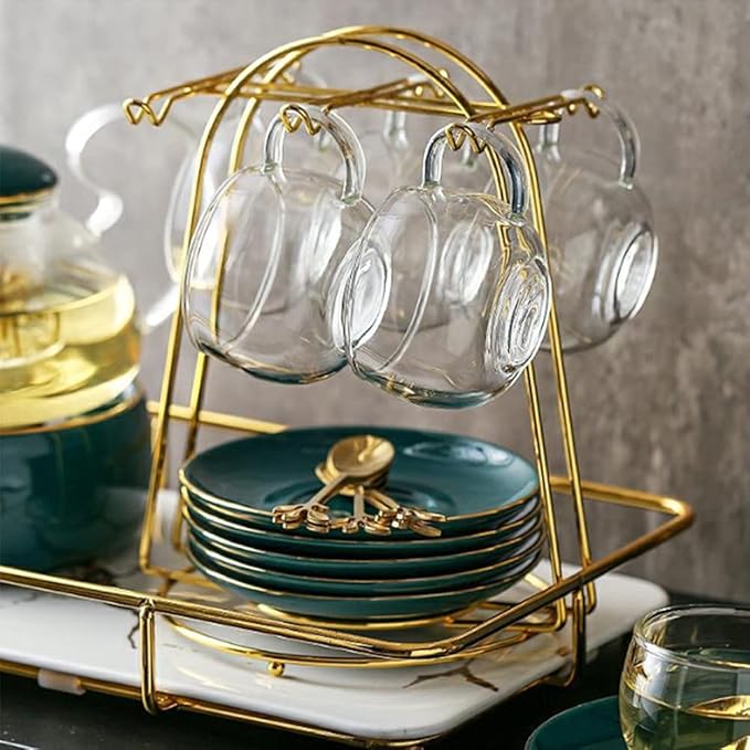 YY YEARCHY Coffee Mug Holder, Espresso Cups Holder Cup Drying Rack Cups Drainer Stand Metal Mug Tree Cups Organizer with 6 Hook Hangers for Kitchen Counter and Tea Party(Gold)