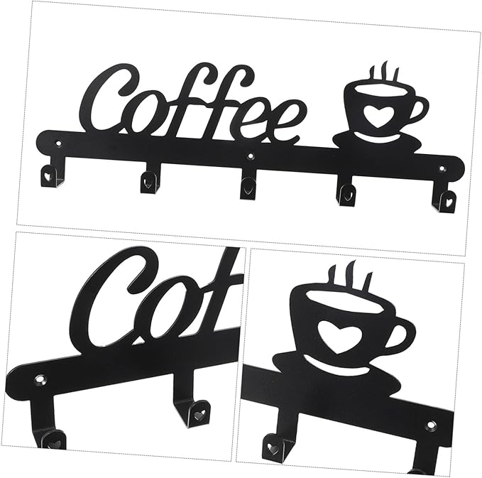 Metal Coffee Cup Hook Rack Decorative Mug Hanging Holder with Coffee Shape Design Easy Install Stable Storage for Kitchen Display and Organization