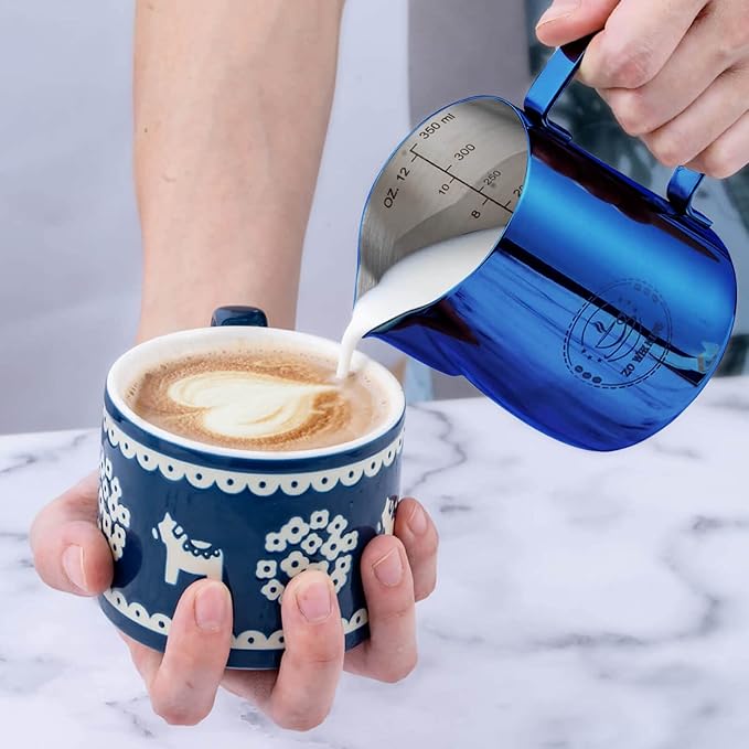 Milk Frother Cup,Milk Frothing Pitcher 12 oz,Steam Pitcher,Espresso Machine,Espresso Frother Cup Blue