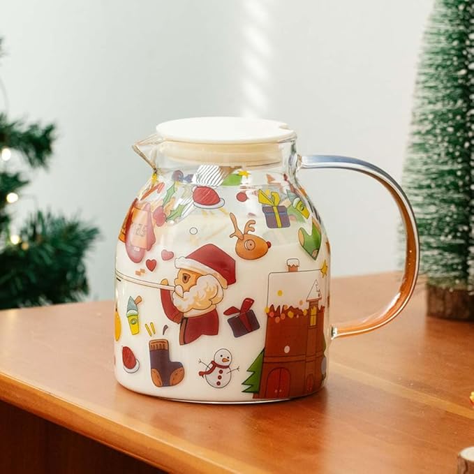 JIDOC 1100ml/37.68oz Christmas Glass Pitcher with Lid,Iced Tea Pitcher Carafe for Coffee, Juice, Lemonade and Milk