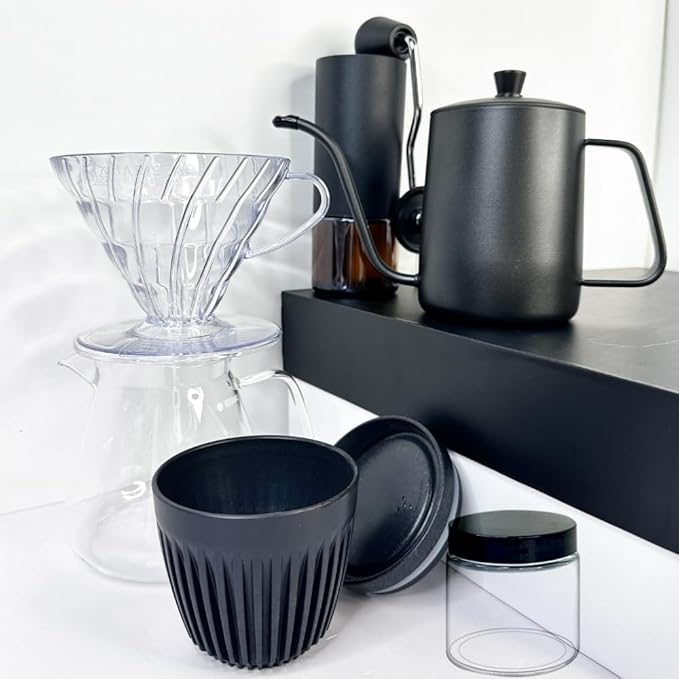DS&DV Coffee Maker Set,Incl,Conical Filter Cup, Server, Pour Over Kettle, Cup, Manual Grinder,Hand Brewing for Camping and Traveling Personal Bar (6 in 1 Coffee Makers)