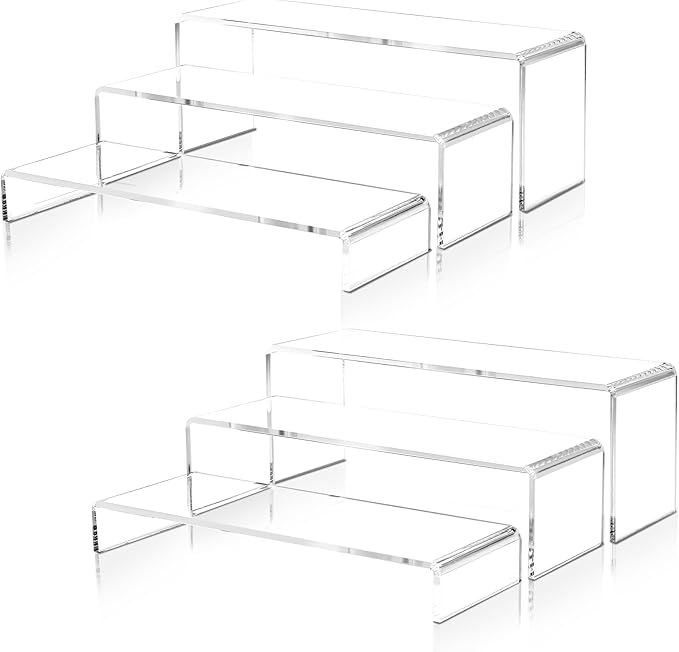 2 Set Large Acrylic Clear Display Risers, 3 Sizes 12" Rectangular Showcase Collectibles Display Shelf, 5mm Thick Desktop Display Stand Holder for Figures, Jewelry, Perfume, Toys