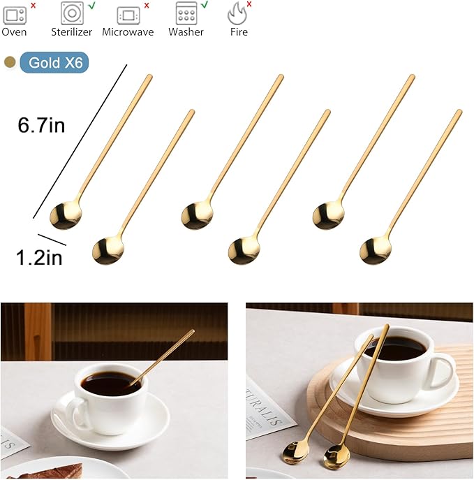 6 PCS Coffee Spoons, 18/8 Stainless Steel Espresso Spoons, 6.7 Inches Vogue Mini Tea Spoons, Cappuccino Stirring Spoons, Small Spoons for Dessert, Ice Cream, Frosted Handle,Sweejar(Gold)