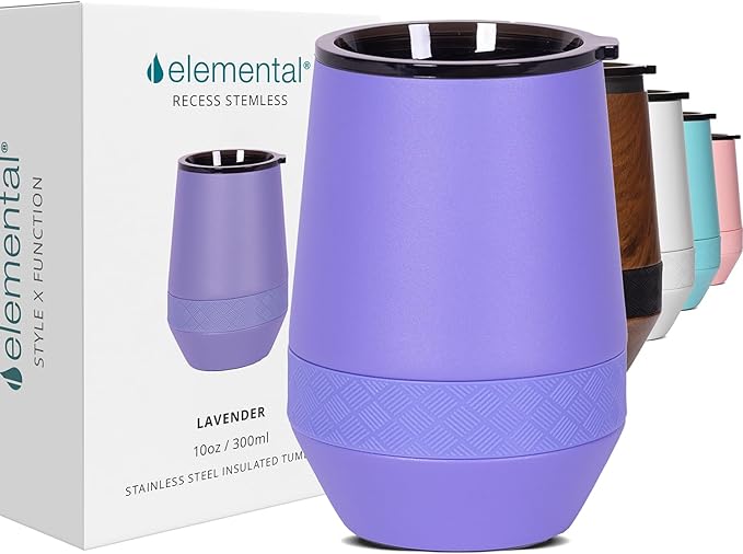 Elemental Recess Wine Tumbler - Triple Wall Insulated Stainless Steel Coffee Mug for Hot & Cold Drinks - Portable Cup with Shatterproof Sip Lid for Camping, Outdoor & Travel - 10oz - Lavender
