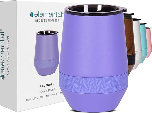 Elemental Recess Wine Tumbler - Triple Wall Insulated Stainless Steel Coffee Mug for Hot & Cold Drinks - Portable Cup with Shatterproof Sip Lid for Camping, Outdoor & Travel - 10oz - Lavender