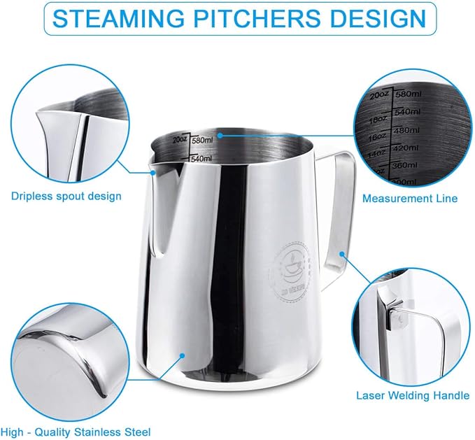 Milk Frothing Pitcher 20oz,Espresso Steaming Pitchers 600ml,Espresso Machine Accessories,Milk Frother cup 20 Oz, Coffee Cappuccino Latte Art,Stainless Steel Jug Cup with Decorating Art Pen