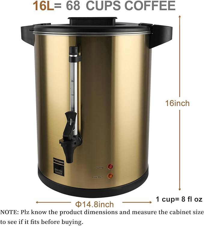 Commercial Coffee Urn, 16L Double Wall Stainless Steel Large Percolate Coffee Maker Electric Hot Water Urn Dispenser for Parties Office Catering Events 68-cup