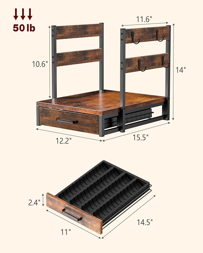 Evermagin Coffee Pod Holder, Vertuo Pod Holder Compatible with Nespresso, 28 Large or 56 Small Nespresso Capsule Organizer Drawer Station with Cup Rack, Rustic Brown